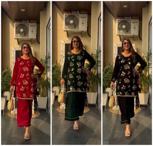 TRENDBUY Luxurious Velvet Sequin Embroidered Cord Set for Women | Party Wear Top & Bottom