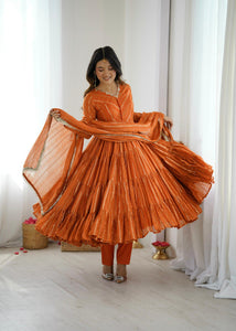 TRENDBUY Women's Orange Mal Chanderi Ruffle Gown Set with Real Mirror Handwork & 12 Mtr Flair