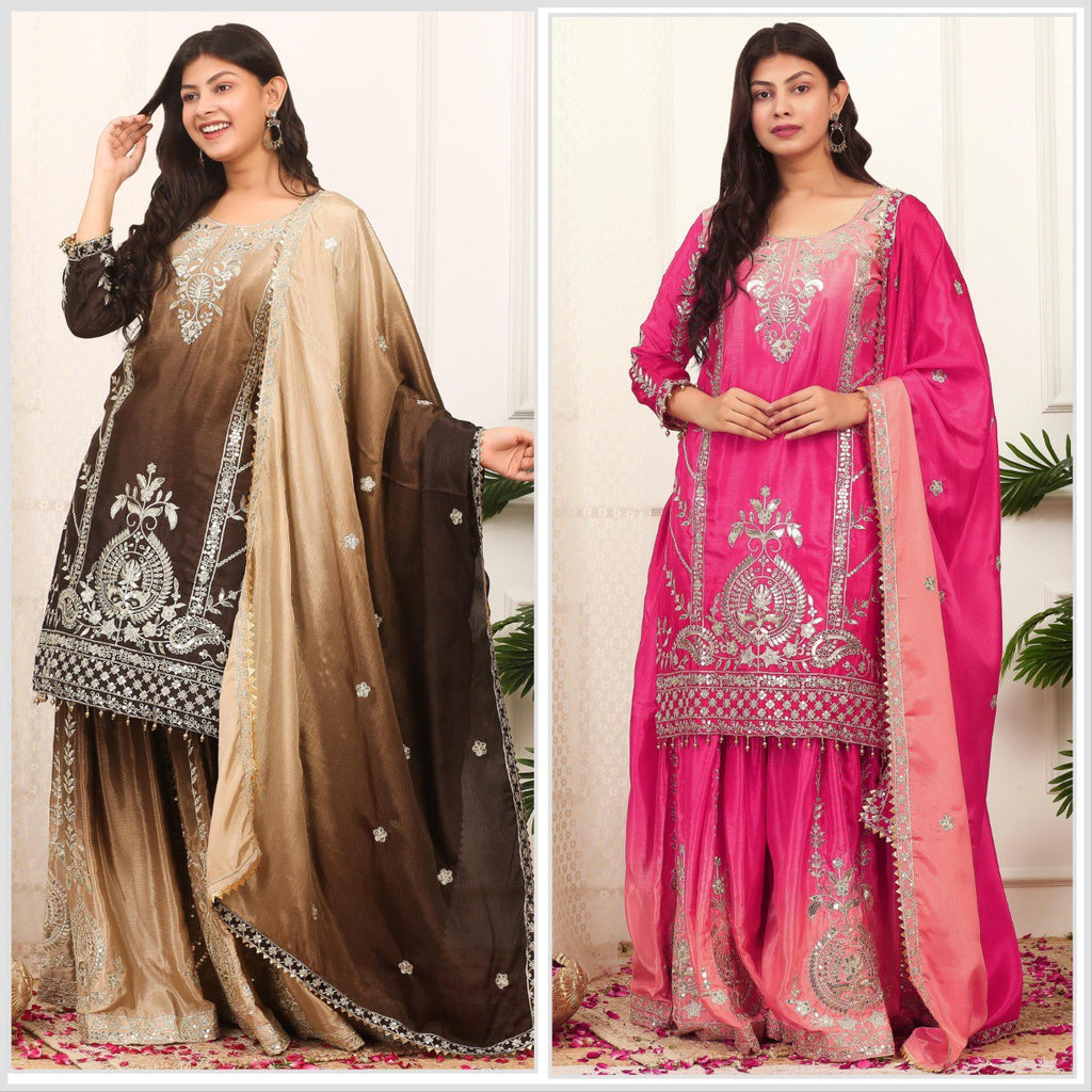 TRENDBUY model showcasing a stunning shaded brown beige Chinon silk plazzo suit with heavy silver embroidery and dupatta.