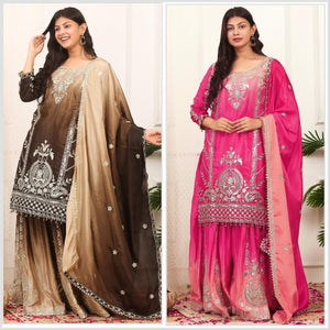 TRENDBUY Shaded Chinon Silk Ready-to-Wear Plazzo Suit with Heavy Embroidery & Sequence Work Dupatta