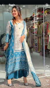 TRENDBUY Chinon Printed Plus Size Salwar Suit with Real Mirror Work - Top, Palazzo & Dupatta