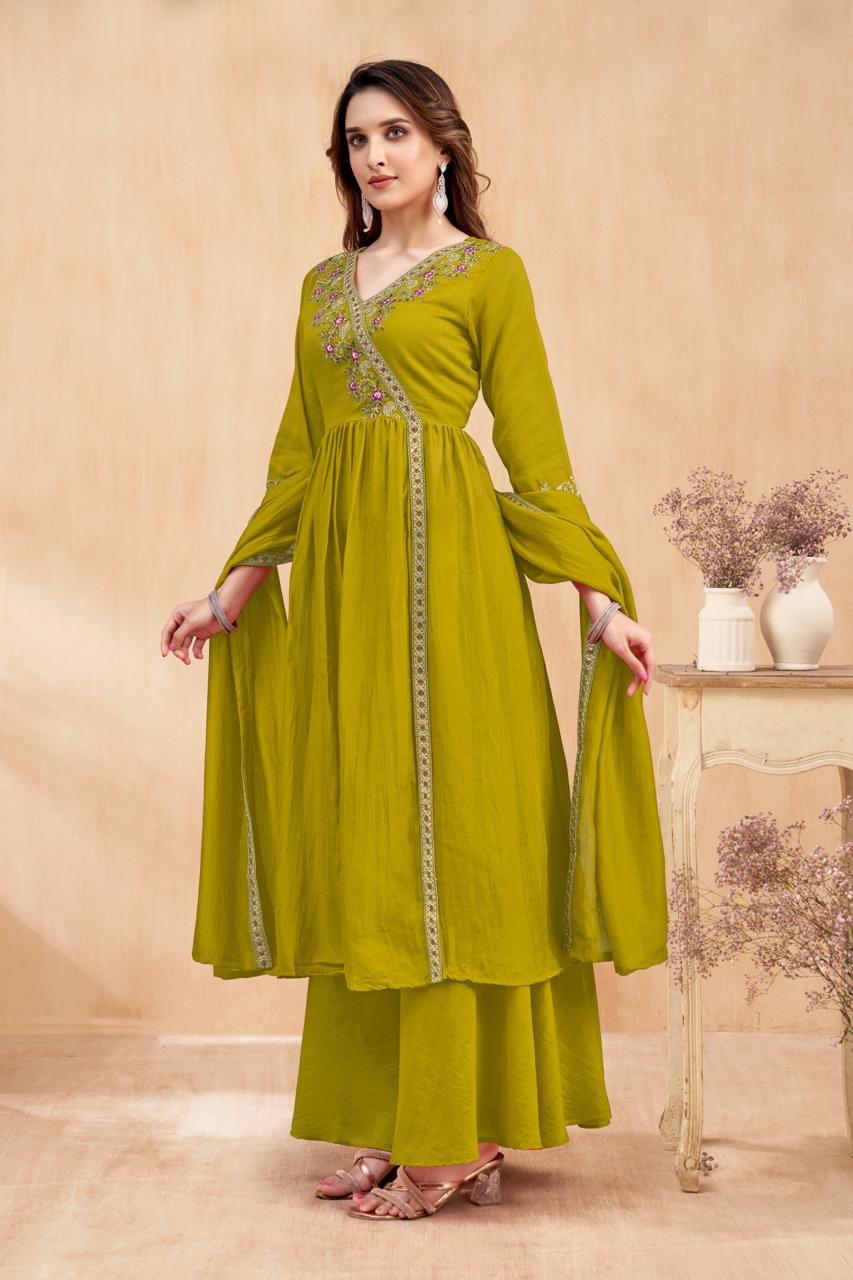 Lime green Angrakha Vichitra silk suit with heavy embroidery on neckline and sleeves, paired with palazzo pants and a matching dupatta.