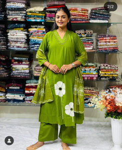 TRENDBUY Elegant Flared Cotton Kurti Set with Full Embroidery & Katha Detailing