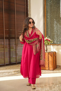 TRENDBUY Classic Gold Suit Set with Digital Print Dupatta - Rani & Wine Colors