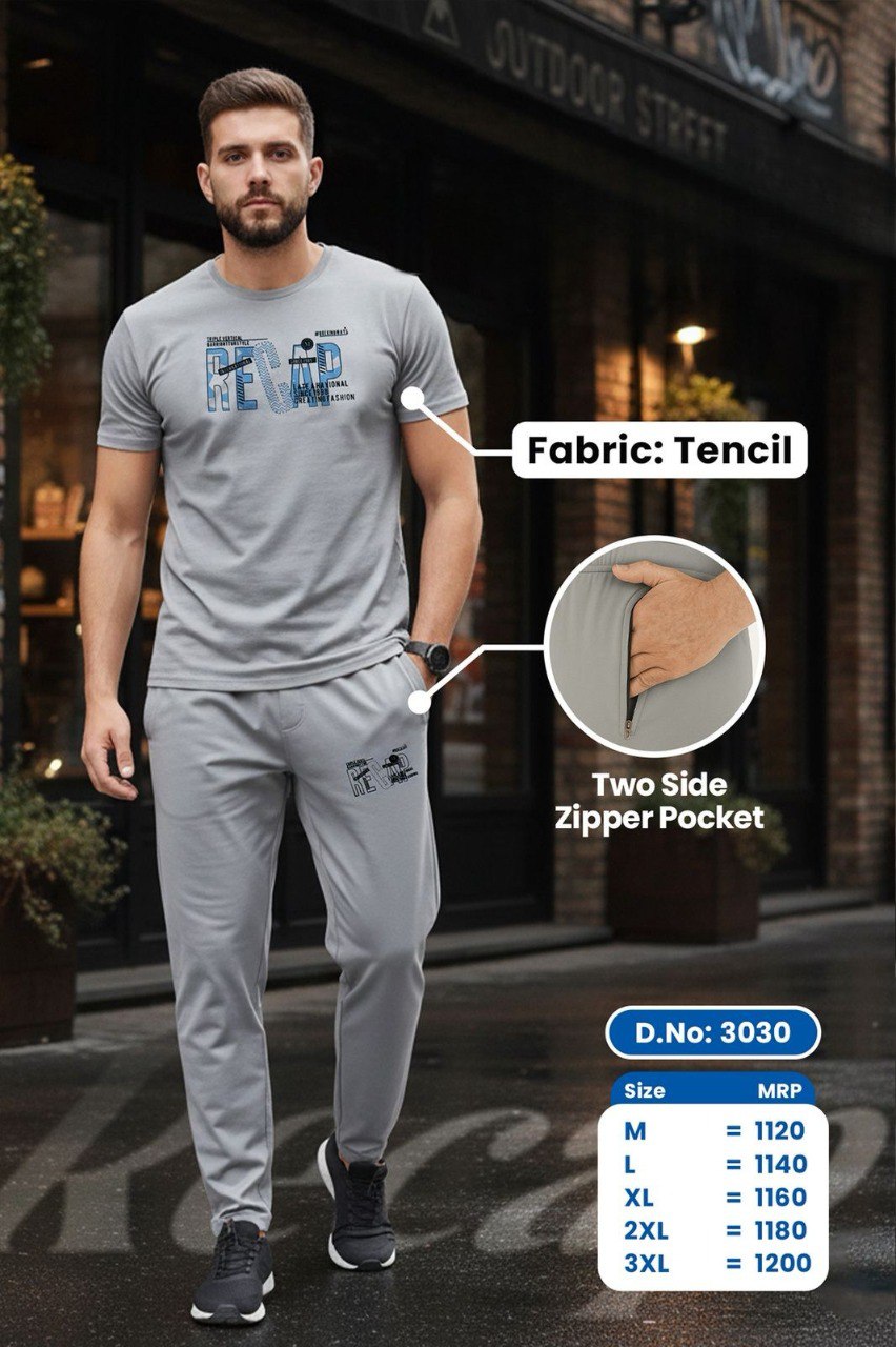 TRENDBUY Men's Tencel night suit in light grey, showcasing zipper pocket detail.