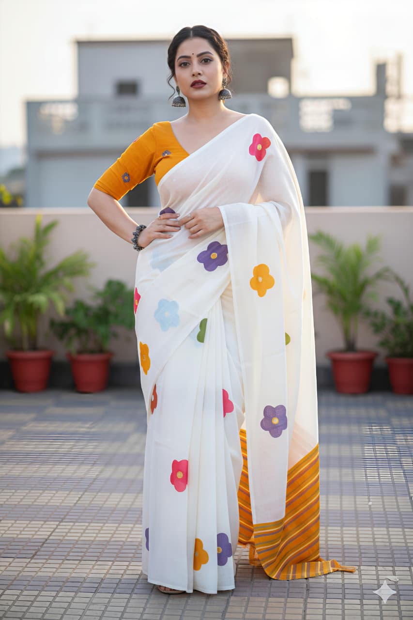 Fashion model showcasing the full drape of the TRENDBUY white floral linen saree with its elegant orange striped border and tassels, ideal for festive celebrations.