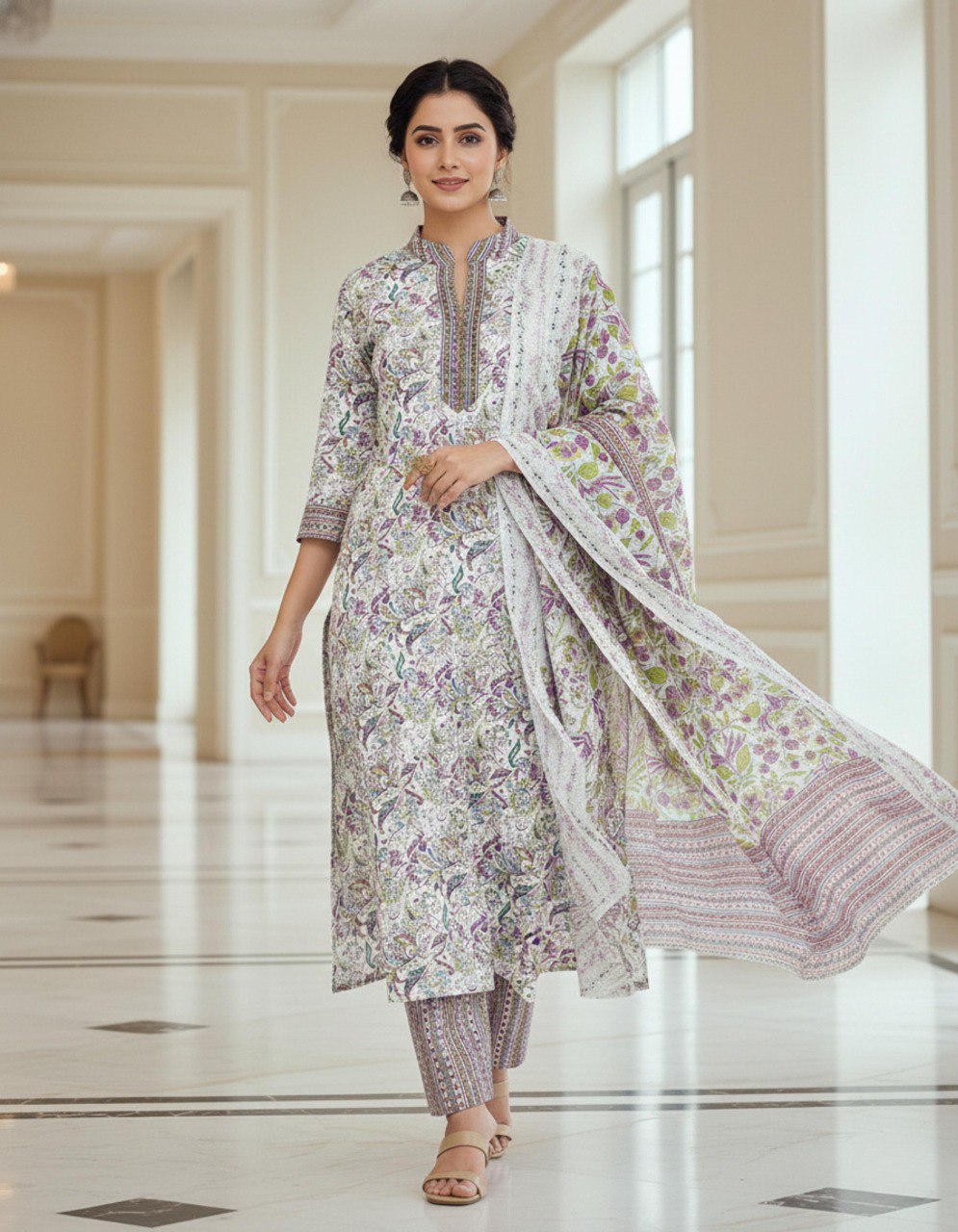 Elegant woman in white and purple Jaipuri printed cotton kurta set with matching dupatta, walking in a sophisticated hall.