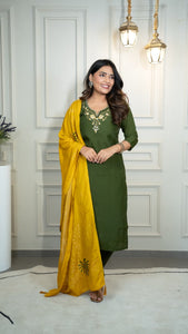 TRENDBUY Mahendi Green Roman Silk Handwork Kurti Pant Dupatta Set