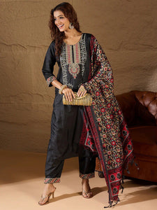 Women's Cotton Silk Blend Embroidered Straight Kurta Pant with Art Silk Dupatta Set