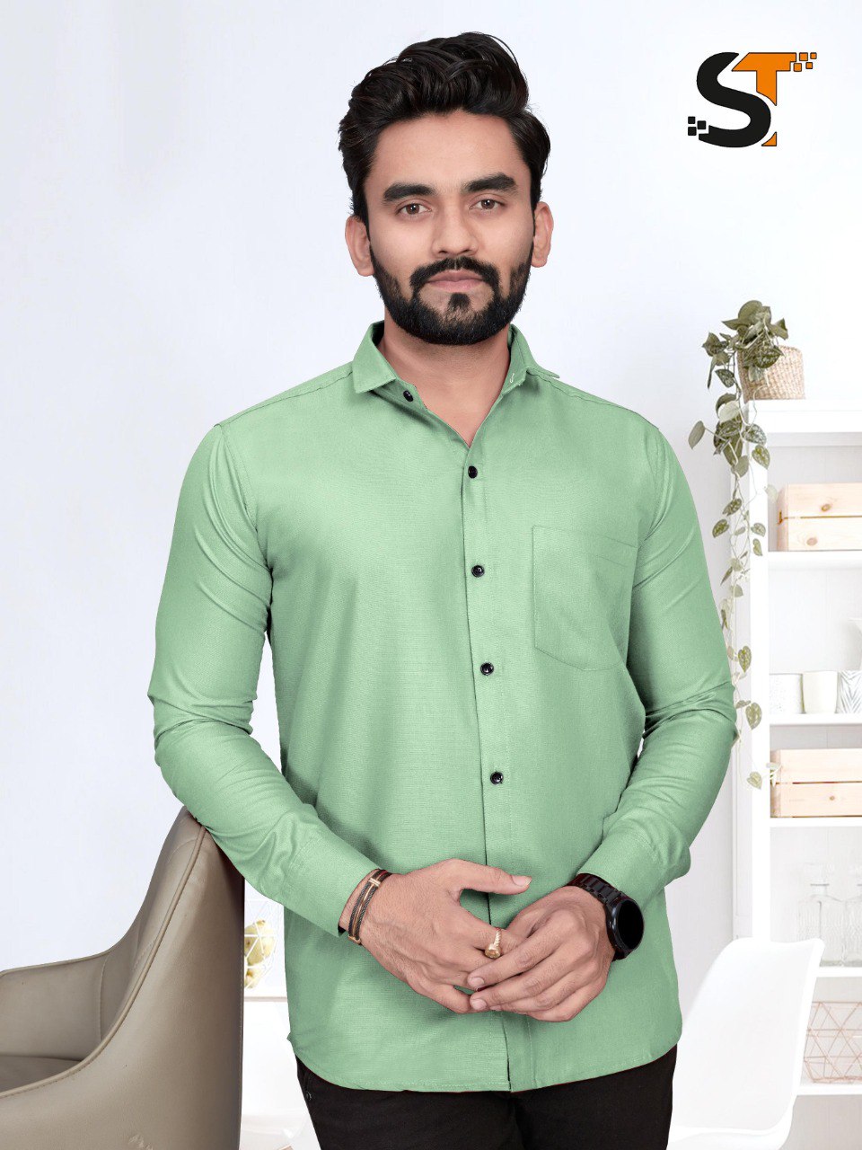 Handsome man wearing a TRENDBUY mint green heavy cotton full sleeve shirt with a single chest pocket, posing casually.