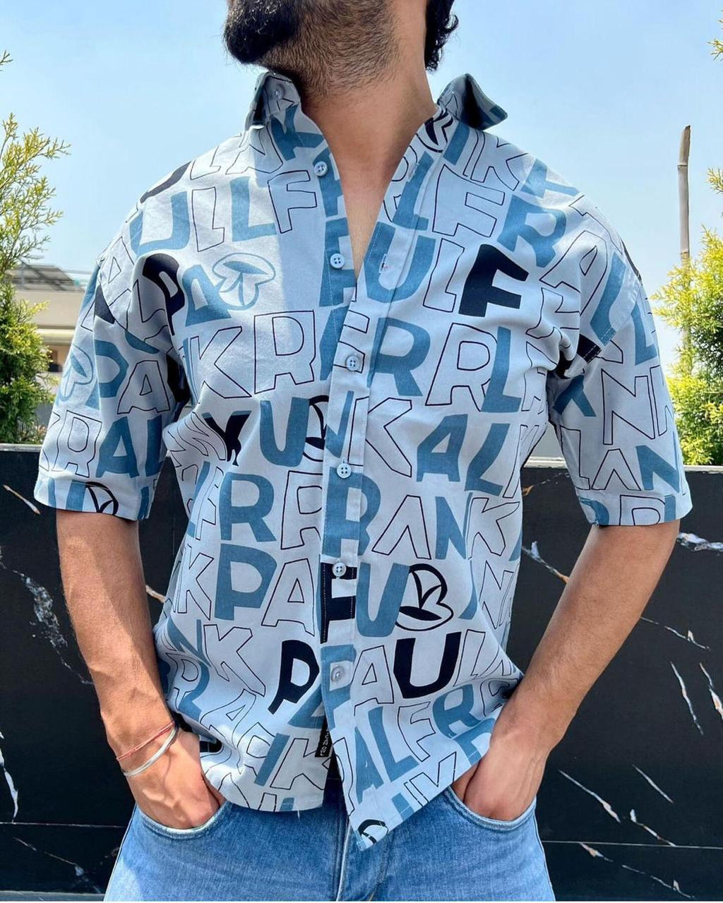 TRENDBUY Men's Blue Abstract Letter Print Cotton Half Sleeve Shirt