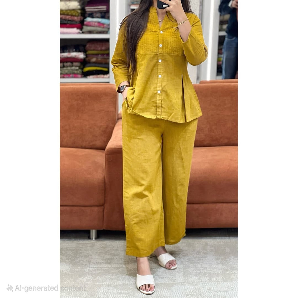 Model wearing a stylish mustard yellow cotton slub pintuck co-ord set, featuring a pleated top and wide-leg palazzo.