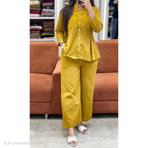 TRENDBUY Women's Cotton Slub Pintuck Co-ord Set with Palazzo