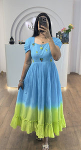 TRENDBUY Summer Breeze Blue Ombre Mul Cotton Maxi Dress with Delicate Handwork