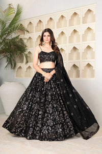 TRENDBUY Black Georgette Sequins & Embroidery Lehenga Choli Set