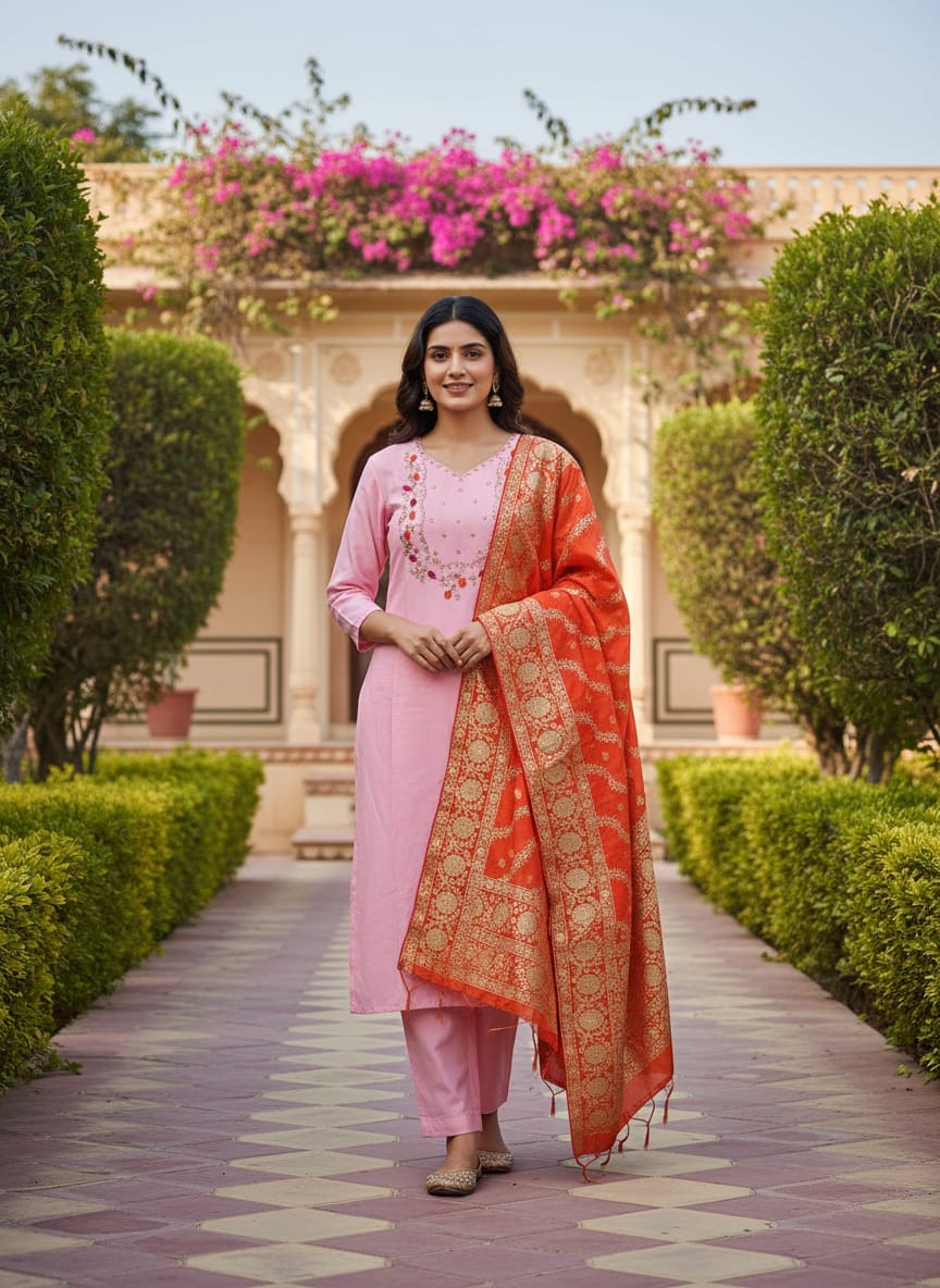 Model in light pink Roman silk kurti set with handwork and orange jacquard dupatta, outdoors.