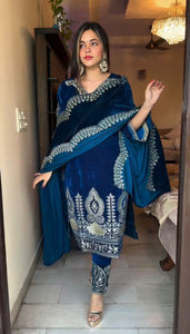TRENDBUY Luxury Royal Blue Velvet Salwar Suit with Heavy Embroidery & Sequence Work