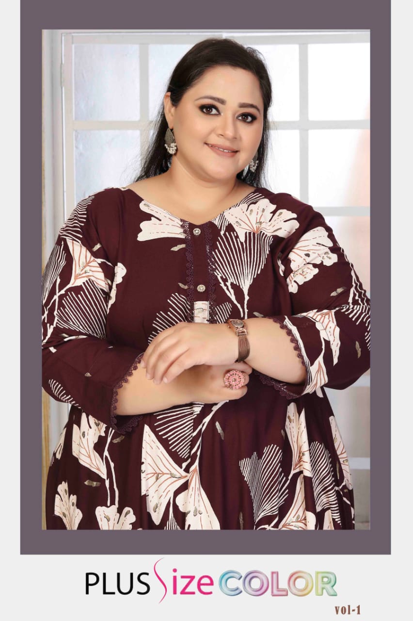 Smiling plus size woman in a maroon floral rayon kurti, showcasing elegant details and front placket.