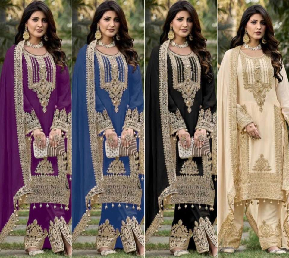 Four models displaying the purple, blue, black, and beige designer Pakistani suits with heavy sequins work.