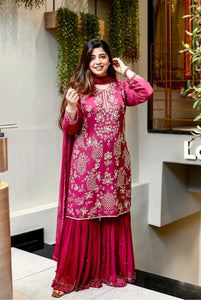 TRENDBUY Designer Faux Georgette Plazzo Suit with Heavy Embroidery Sequence Work & Dupatta
