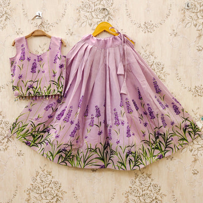 TRENDBUY Kids Lavender Floral Muslin Silk Lehenga Choli Set for Festive Occasions