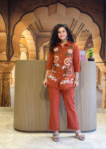 TRENDBUY Floral Embroidered Cotton Flax Co-ord Set | Stylish Shirt & Pant Ensemble