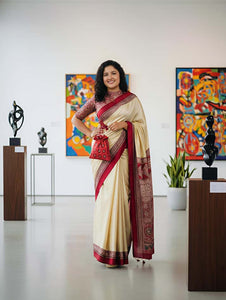 TRENDBUY Pongal Special Pure Modal Silk Ajrakh Print Saree with Tassels & Blouse Piece