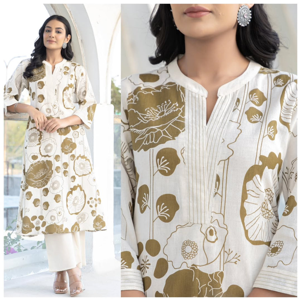 TRENDBUY woman posing in elegant olive green floral print flared kurti and matching palazzo set, close up of pleated neckline detail.