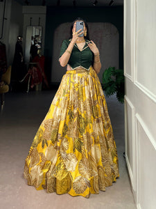 TRENDBUY Yellow Printed Tasar Silk Lehenga with Green Banglory Blouse - Ready to Wear