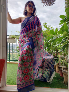 TRENDBUY Exclusive: Digital Print Linen Saree with Silver Zari Patta & Latkan Blouse