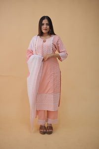 Elegant Peach Cotton Cambric Salwar Suit Set with Shiffli Lace & Digital Print Dupatta