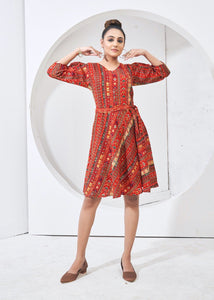 TRENDBUY Women's D Capsul Cotton Printed Belted Wrap Dress | Ethnic Geometric Design