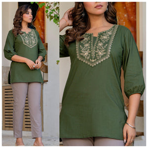 TRENDBUY Women's Cotton Embroidered Yoke Tunic Top