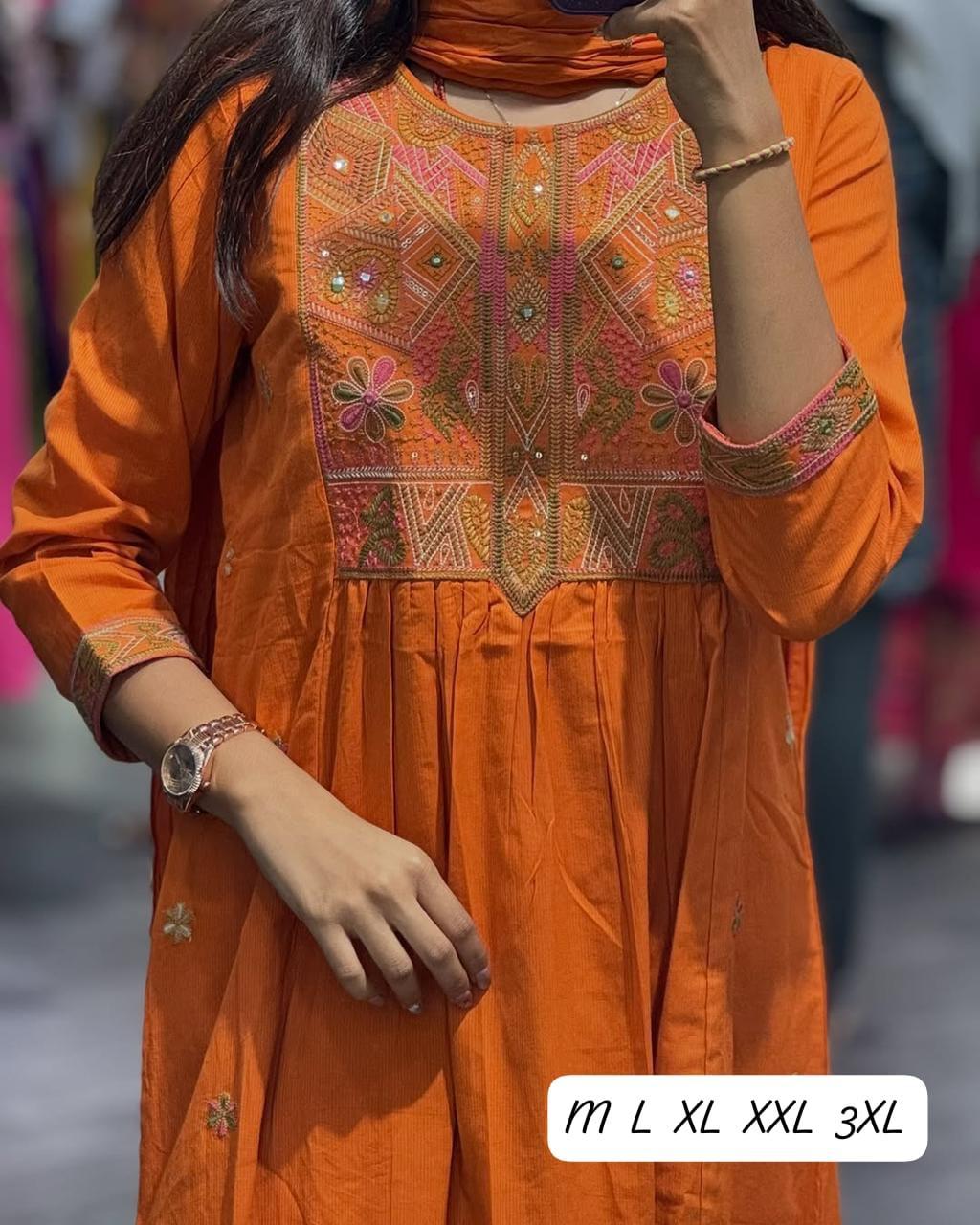 TRENDBUY Orange Cotton Anarkali Kurta Set with intricate sequence embroidery on yoke, showcasing size range M L XL XXL 3XL.