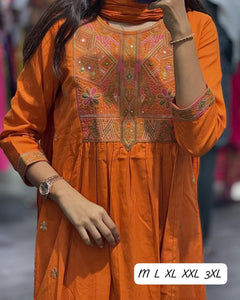 TRENDBUY Women's Embroidered Cotton Anarkali Kurta Set with Pant & Malmal Dupatta