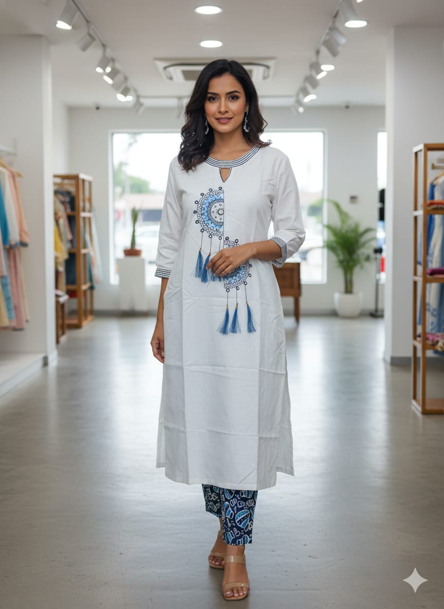 Full front view of a woman confidently posing in the TRENDBUY white kurta set with printed pants.