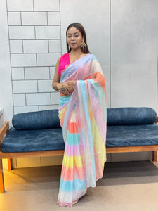 TRENDBUY Trending Rainbow Organza Saree with Silver Cut Dana Handwork & Silk Blouse