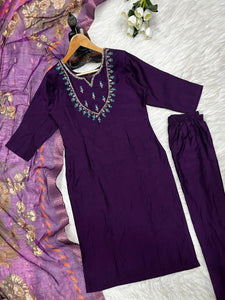 TRENDBUY Elegant Embroidered Viscose Kurti Set with Palazzo & Jacquard Dupatta