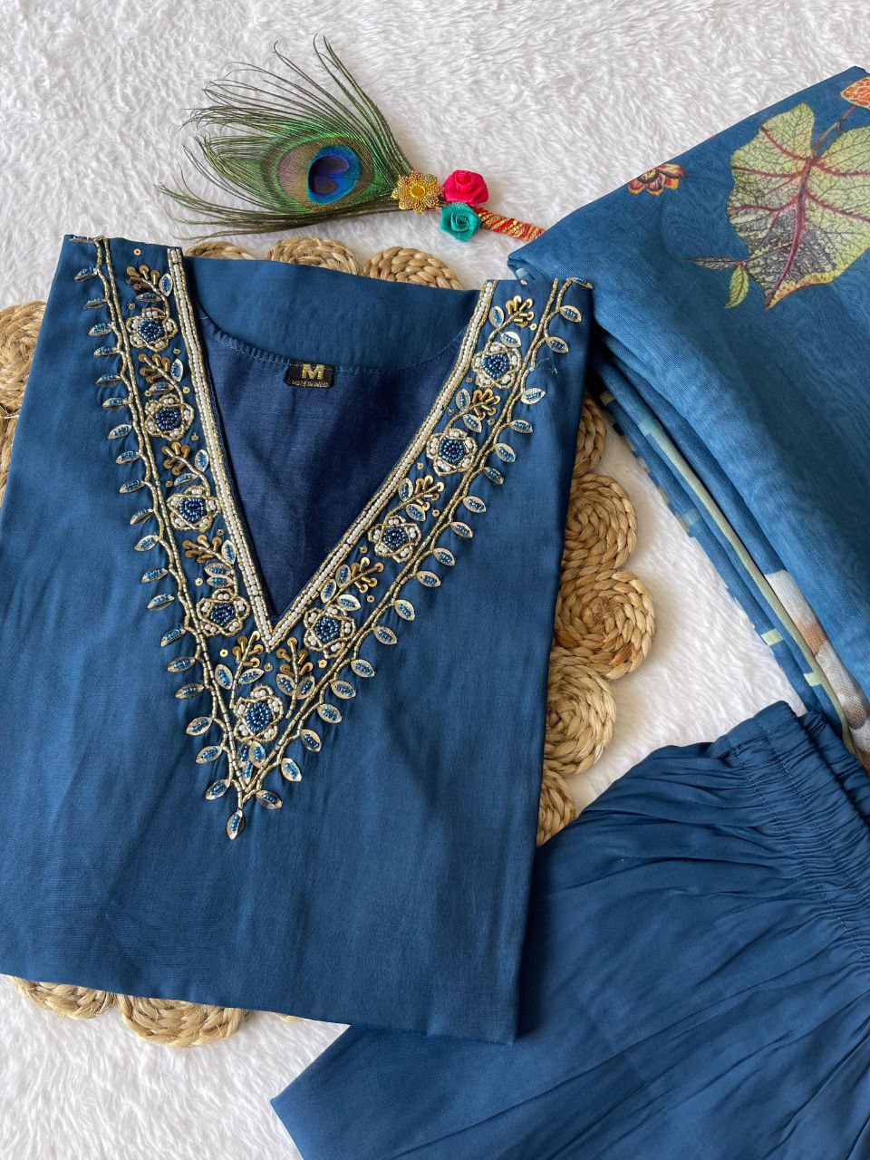 Close-up of intricate handwork embroidery by skilled karigars on the neckline of a blue silk kurti