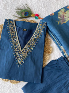 Exclusive Indigo Blue Roman Cotton Silk Kurti Pant Set with Chanderi Dupatta