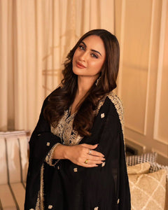 TRENDBUY Elegant Black Georgette Sequins Embroidered Kurta Palazzo Suit Set