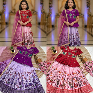 TRENDBUY Kids Kediya Style Embroidered Lehenga Set | Ready to Wear Girls Lehenga Choli with Dupatta | Party & Festive Wear