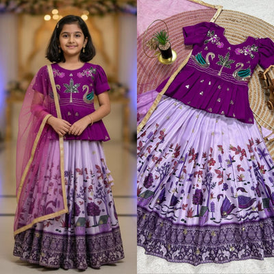 TRENDBUY Kids Kediya Style Embroidered Lehenga Set | Ready to Wear Girls Lehenga Choli with Dupatta | Party & Festive Wear