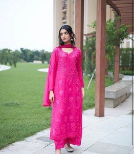 TRENDBUY Exclusive Faux Georgette Embroidered Kurta Plazzo Set with Dupatta