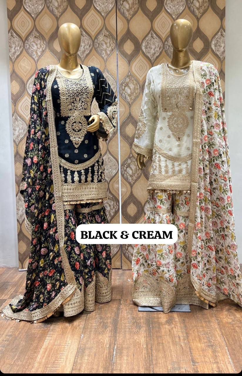 Two mannequins displaying Black and Cream Designer Faux Georgette Sharara Suits with heavy sequin work and floral dupattas.