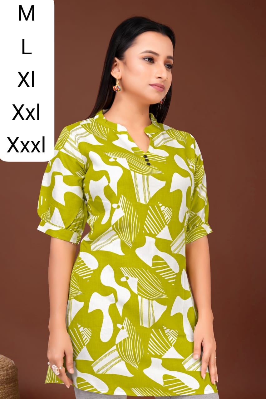 Woman wearing green abstract print pure rayon cotton tunic top, front view, sizes M-XXXL visible on overlay.