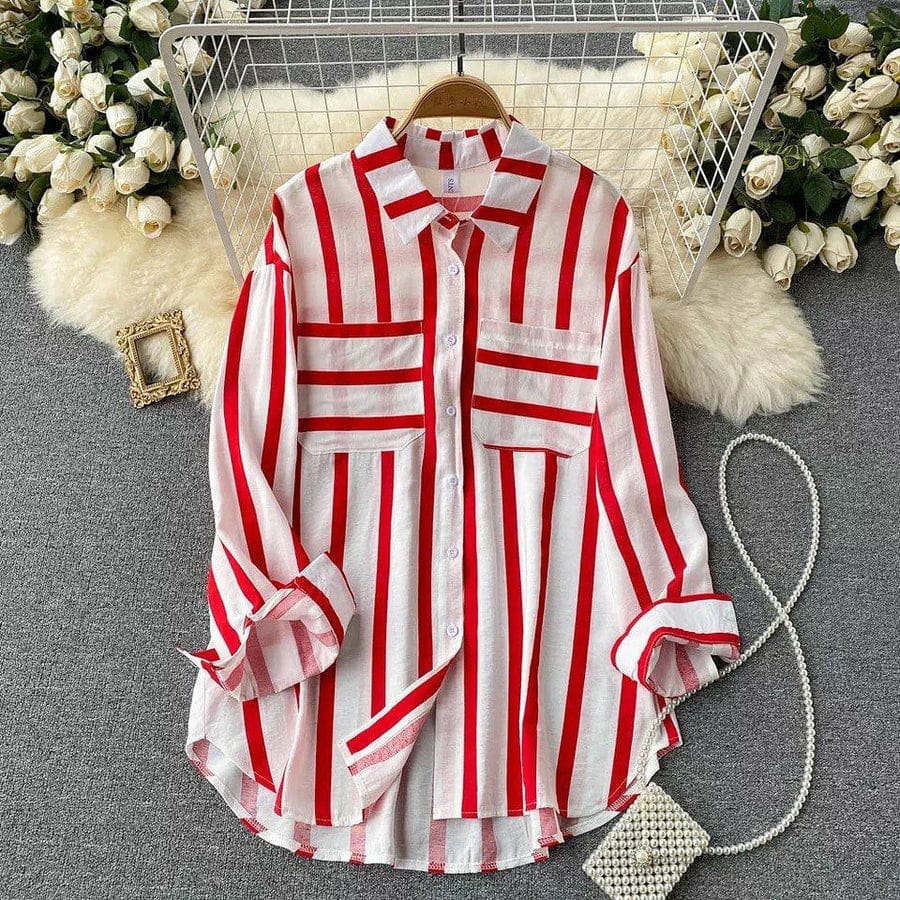 Vibrant red and white striped rayon shirt with collar and two chest pockets, styled on a hanger.