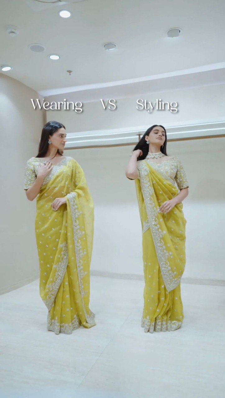 Model demonstrating 'Wearing VS Styling' of the elegant lime yellow Tibby Silk designer saree.
