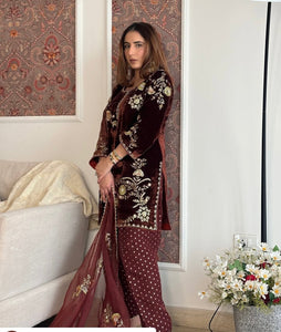 TRENDBUY Luxurious Maroon Velvet Kurta Plazzo Set with Gold Embroidery & Organza Dupatta