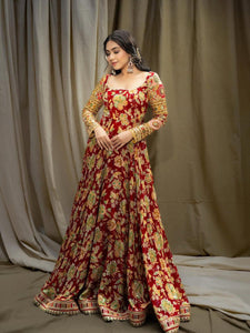 TRENDBUY Exclusive Bollywood Designer Chinon Silk Floral Gown with Sequin & Thread Work Dupatta